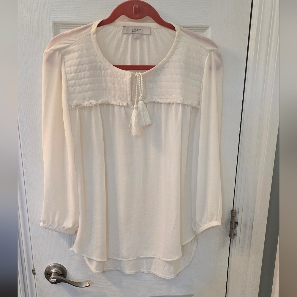 LOFT Tie Front Peasant Top With Fringe Detail, 3/4 Length Sleeves, Size S (1205)